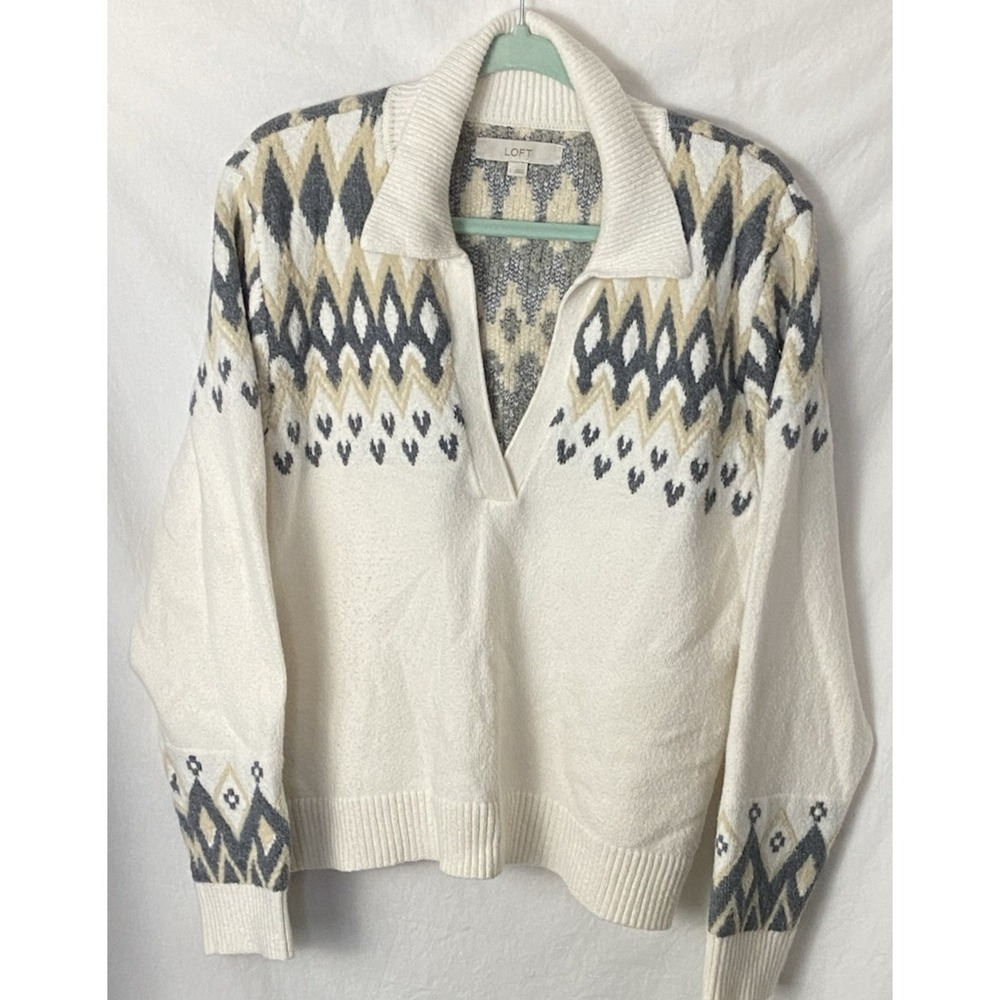 Loft Womens Sweater Cream Gray Collar Long Sleeve V Neck Sz L Elegant Style
